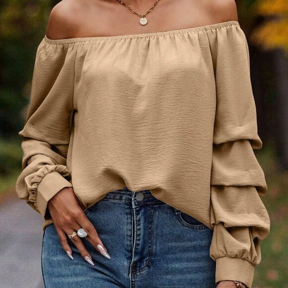 Khaki Casual Women's Off Shoulder Bishop Sleeve Blouse - Picture 3 of 5